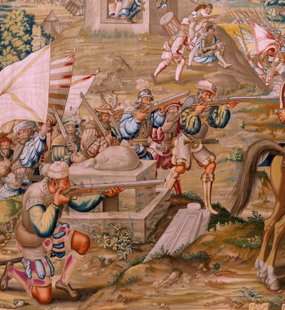 Flämischer Wandteppich. Serie Die Eroberung von Tunis. Der Angriff auf La Goleta. Vierter Wandteppich der Serie. Modell Jan Vermeyen und Pieter Coecke van Aelst. 1543-1548. Herstellung Real Fábrica de Tapices de Santa Bárbara, Madrid von Pieter Coecke van Aelst