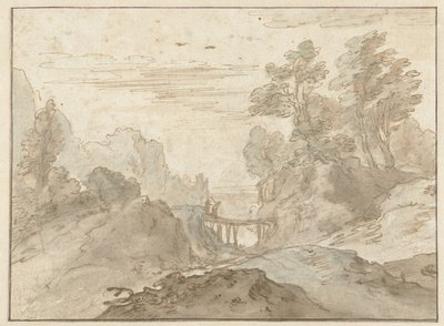 Berglandschaft mit zwei Figuren auf einer schmalen Brücke von Pieter Dircksz van Santvoort (possibly)