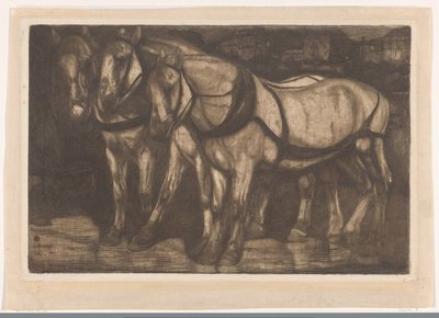 Drei Omnibuspferde auf einem Platz in Paris von Pieter Dupont (signed by artist)