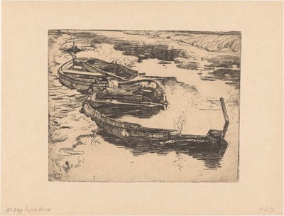 Drei gesunkene Ruderboote in einem Graben von Pieter Dupont