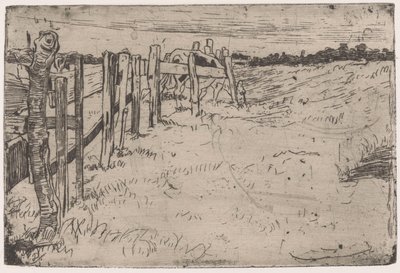 Weidende Kuh bei einem Zaun auf einer Wiese von Pieter Dupont