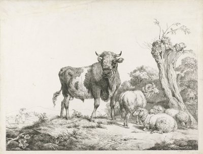 Ein Stier, ein Widder und zwei liegende Schafe bei einer Kopfweide von Pieter Gerardus van Os