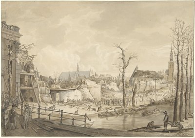 Ruinen auf der Nordseite des Steenschuur nach der Pulverexplosion in Leiden, 12. Januar 1807 von Pieter Gerardus van Os