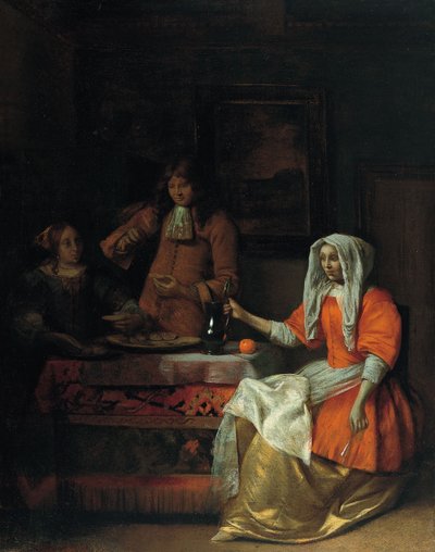 Innenraum mit zwei Frauen und einem Mann, der Austern isst und trinkt von Pieter Hooch de