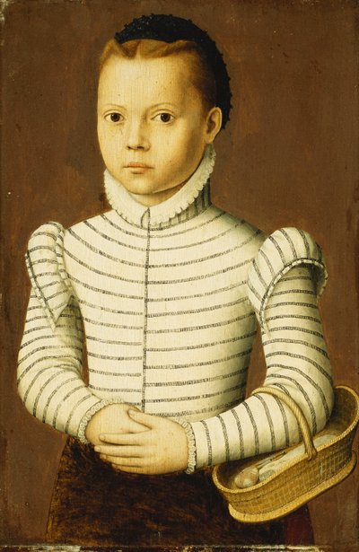 Porträt eines jungen Mädchens in einem schwarz-weißen Kostüm, einen Korb haltend von Pieter Jansz. Pourbus