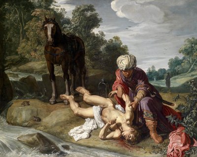 Der barmherzige Samariter, der die Wunden des Reisenden versorgt (Lukas 10:25-37) von Pieter Lastman