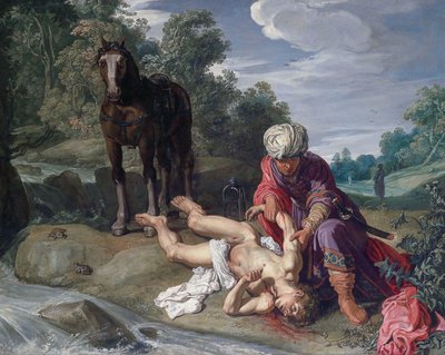 Der barmherzige Samariter, der die Wunden des Reisenden versorgt (Lukas 10:25-37) von Pieter Lastman