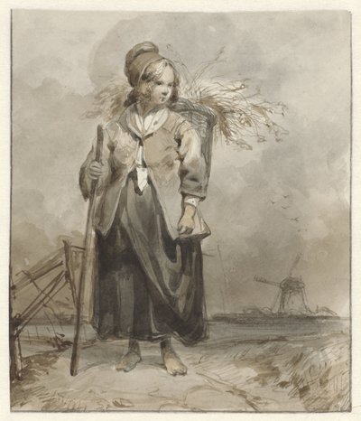 Stehende Frau mit Stock und Korb auf dem Rücken von Pieter Marinus van de Laar (attributed to)