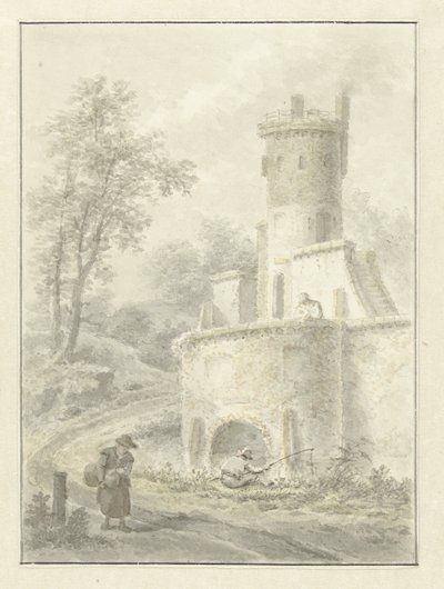 Landschaft mit Angler und spazierende Frau bei einem Festungsturm von Pieter Pietersz. Barbiers