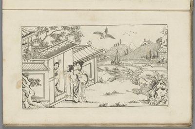 Landschaft mit drei chinesischen Frauen an der Türöffnung eines Hauses von Pieter Schenk (II)