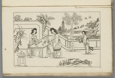 Landschaft mit zwei chinesischen Frauen, die ein Kartenspiel spielen von Pieter Schenk (II)