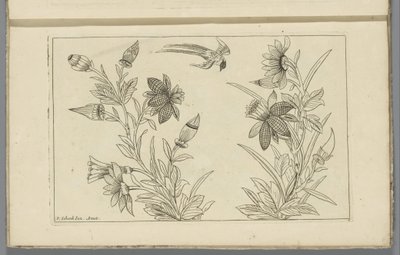 Zwei Blumensträucher und eine Schwalbe von Pieter Schenk (II)