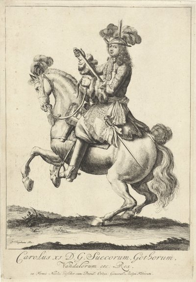 Reiterporträt von König Karl XI. von Schweden von Pieter Stevens (vermeld in 1689)