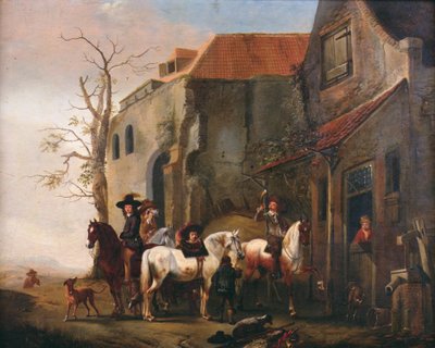Reiter und Pferde an der Tür eines Gasthauses von Pieter Wouwermans or Wouwerman