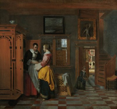 Innenraum mit Frauen neben einem Wäscheschrank, 1663 von Pieter de Hooch