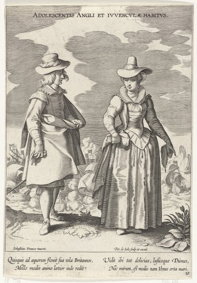 Paar, gekleidet nach englischer Mode, ca. 1610 (Adolescentis Angli et Ivvenclvae Habitvs) (Kostüme aus verschiedenen Ländern) (Variarum Gentium Ornatus) von Pieter de Jode (I)