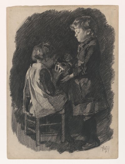 Ein kleines Mädchen lässt eine Schwester aus einer Kanne Milch trinken von Pieter de Josselin