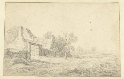 Dünenlandschaft mit drei Figuren vor einem Bauernhof von Pieter de Neyn