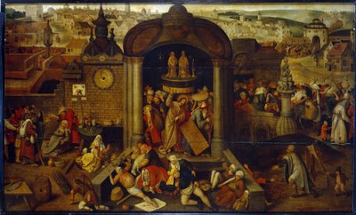 Christus vertreibt die Geldwechsler aus dem Tempel. Mit Szenen der Passion Christi im Hintergrund, vor dem Panorama der Stadt. Gemälde eines holländischen Künstlers, beeinflusst von Hieronymus Bosch von Pieter Bruegel the Elder