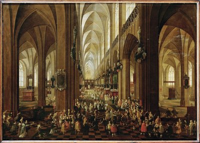 Innenraum von Notre Dame in Antwerpen, Erzherzog Leopold Wilhelm wird vom Kapitel empfangen von Pieter the Younger Neefs
