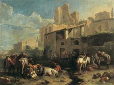 Reisende und verschiedene Tiere halten vor einer Taverne mit römischen Ruinen im Hintergrund von Pieter van Bloemen