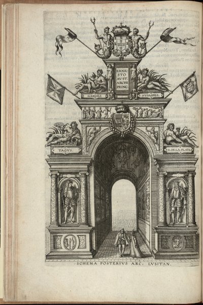 Flüsse Tagus, Plata, Ganges und Hydaspes. Die Rückseite des portugiesischen Triumphbogens, Einzug von Ernst, Erzherzog von Österreich, in Antwerpen, veröffentlicht 1595 (Gravur) von Pieter van der Borcht