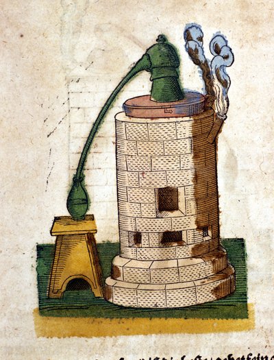 Alchemie: Apparatur zur Destillation. Gravur aus einem Buch von Pietro Andrea Mattioli (Matthiole) (1500-1577). Frankfurt von Pietro Andrea Mattioli