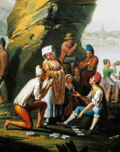 Szene des Alltagslebens in der Posillipo-Höhle, Männer spielen Karten, von Pietro Fabris, Öl auf Leinwand, Detail von Pietro Fabris
