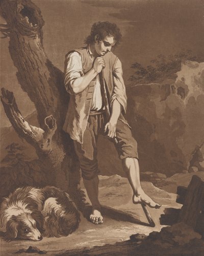 Die Ruhe der Hirten, ein junger Mann ruht sich auf einem Stock aus, während sein Hund zu seinen Füßen liegt von Pietro Jacopo Palmieri