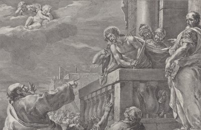 Christus auf einem Balkon umgeben von Wachen, Pilatus steht rechts und gestikuliert, ca. 1730-1739 von Pietro Monaco