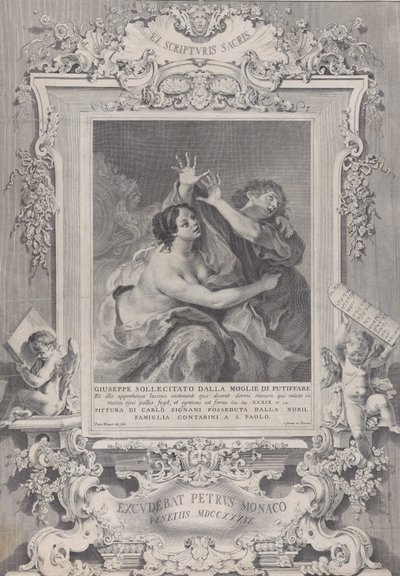 Joseph und Potiphars Frau, in einem verzierten Rahmen, 1739 von Pietro Monaco