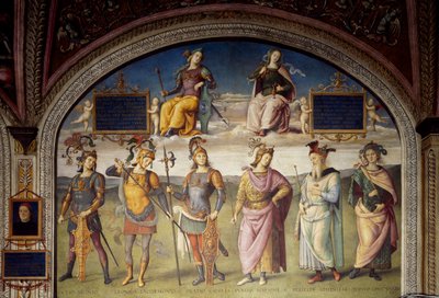 Allegorien von Tapferkeit und Mäßigung mit sechs antiken Helden von Pietro Perugino