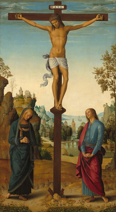 Die Kreuzigung mit der Jungfrau, dem Heiligen Johannes, dem Heiligen Hieronymus und der Heiligen Maria Magdalena [Mittelteil] von Pietro Perugino