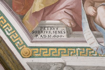 Künstler-Signatur, Die Krönung der Jungfrau Maria (Fresko) (Detail) von Pietro Sorri