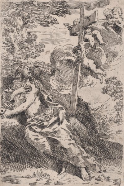 Maria Magdalena in der Wüste, ein Kreuz von Engeln getragen von Pietro Testa
