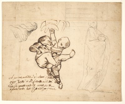 Studie für zwei spielende Putti, Blätter und eine drapierte Figur mit einer Urne von Pietro Testa