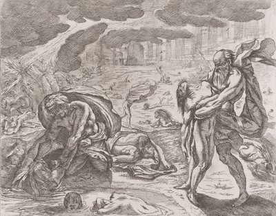 Die Sintflut, Figuren werden aus dem Wasser gezogen von Pietro Testa