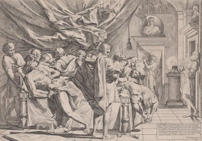 Der Selbstmord des Philosophen Cato, der auf seinem Bett liegt und seine Eingeweide herauszieht, beobachtet von..., 1648 von Pietro Testa