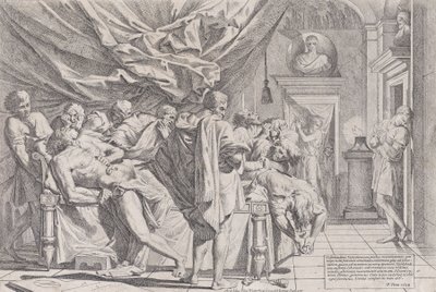 Der Selbstmord des Philosophen Cato, der auf seinem Bett liegt und seine Eingeweide herauszieht, beobachtet von..., 1648 von Pietro Testa