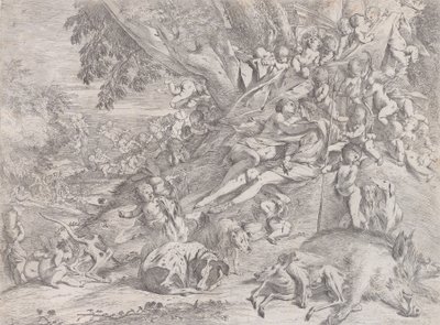 Venus und Adonis, umgeben von vielen Putti, nach der Jagd liegend, mit einem toten Eber von Pietro Testa