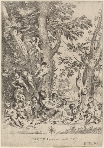 Junge Frau, umgeben von Amoren (Der Garten der Nächstenliebe, vertikale Version) von Pietro Testa
