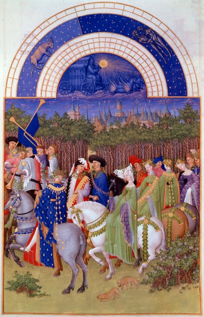 Gefolge von Adligen und Musikern zu Pferd, Blick auf den Herzogspalast von Riom (?) und den Monat Mai von Pol de Limbourg