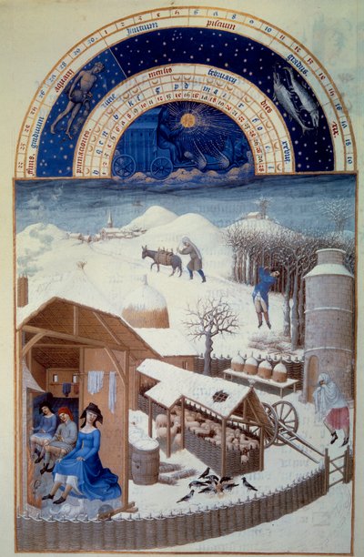 Der Monat Februar: Schnee, Miniatur in „Die sehr reichen Stunden des Herzogs von Berry“ von Pol de Limbourg