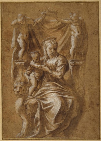 Die Madonna mit Kind auf dem Thron von Polidoro da (follower of) Caravaggio