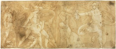 Perseus mit dem Kopf der Medusa, verwandelt Phineus und seine Anhänger in Stein von Polidoro da Caravaggio