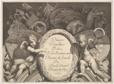 Titelseite von Diverse Trophäen, Waffentrophäen nach der Fassade des Palazzo Milesi in Rom, 1651 von Polidoro da Caravaggio