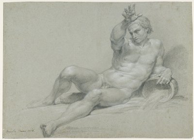 Aktstudie eines lagernden männlichen Modells, den rechten Arm erhoben, in der Pose eines antiken Flussgottes, in Schrägansicht von links von Pompeo Girolamo Batoni