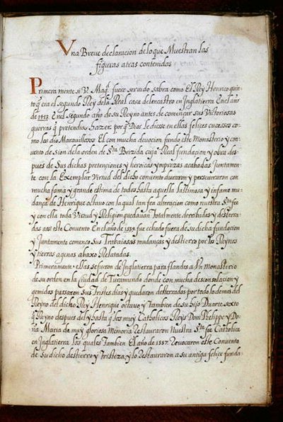 Eine Seite aus einer Geschichte der Wanderungen der Syon-Nonnen, zusammengestellt in Lissabon im frühen 17. Jahrhundert (Pergament) von Portuguese School