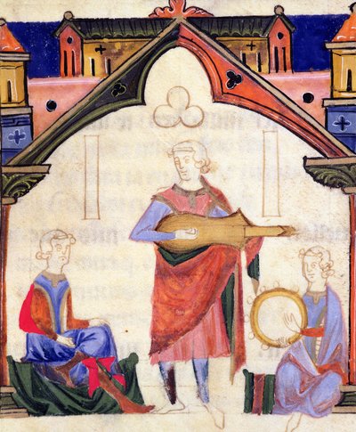 Fol.12v Musiker spielen Gitarre und Tamburin, aus dem Chansonnier des Nobles von Portuguese School