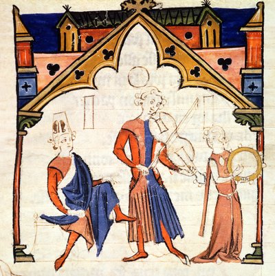 Fol.6r Musiker spielen eine Viola und ein Tamburin, aus dem Chansonnier des Nobles von Portuguese School